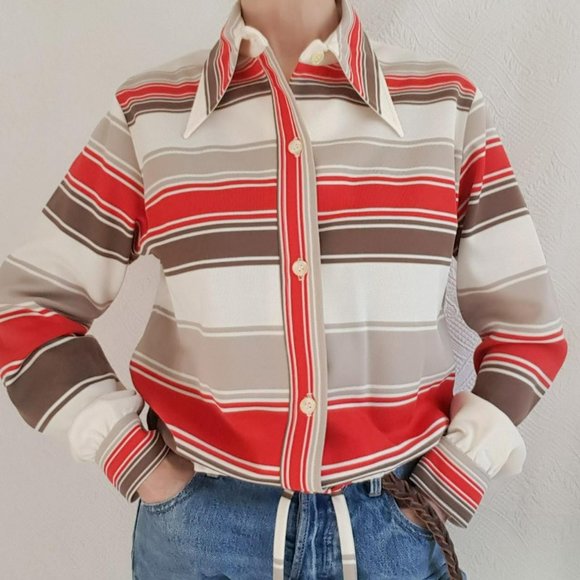 Vintage Polyester M L  Striped shirt Jacket 70s dagger collar button front - Picture 2 of 4